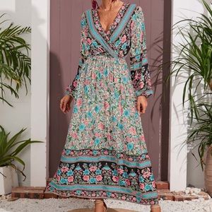 Camisa Pink & Blue Patchwork Wrap Maxi Dress